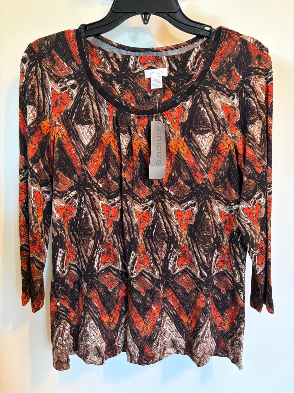 Chico’s NWT Abstract Rustic Tribe Print Tunic Top Size 1 M Orange Brown Stretch